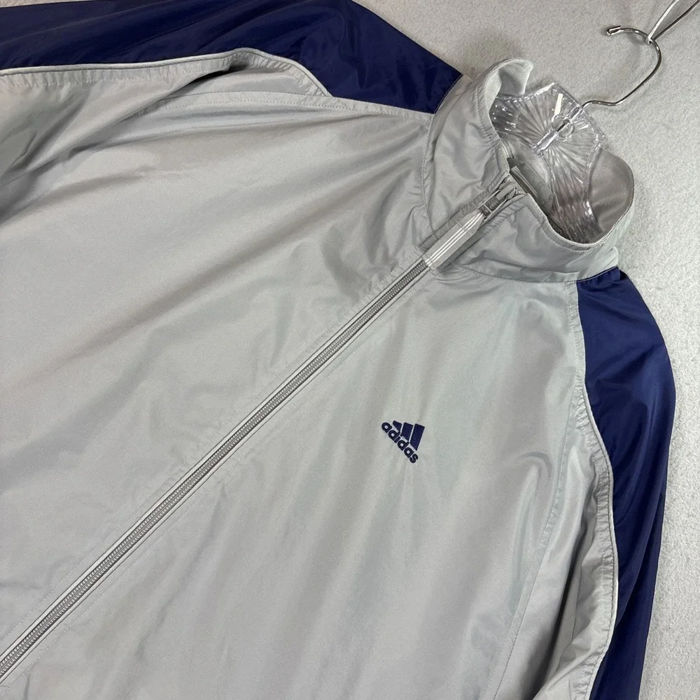 Adidas Windbreaker Track Jacket Men Gray/ Blue 3 Stripe Full Zip Mesh Small